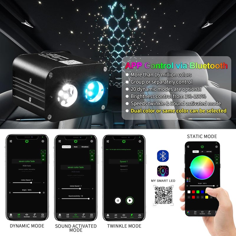 ATOKEE Store 20W Dual Color Dual Head Fiber Optic Light Box for Starlight Headliner, Twinkle Effect & Music Mode, Bluetooth App/RF Remote Control, Car Plug & Power Adapter, PG Connector & 3 Drill Bits - Image 3